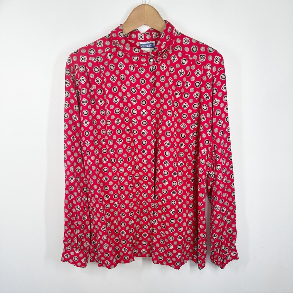 Vintage Pendleton Red Print Button Up Blouse Size… - image 1